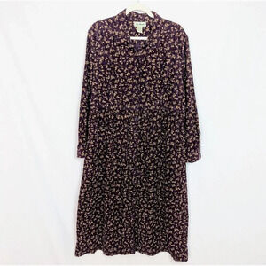 Vintage 90s LL Bean Maxi Dress 16P Purple Corduroy Floral Long Sleeve Button Up
